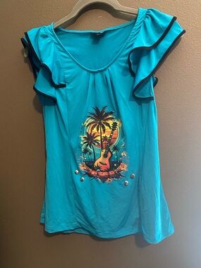 Hand crafted Women’s Teal Ruffle Sleeve Graphic Top - Tropical Guitar Print